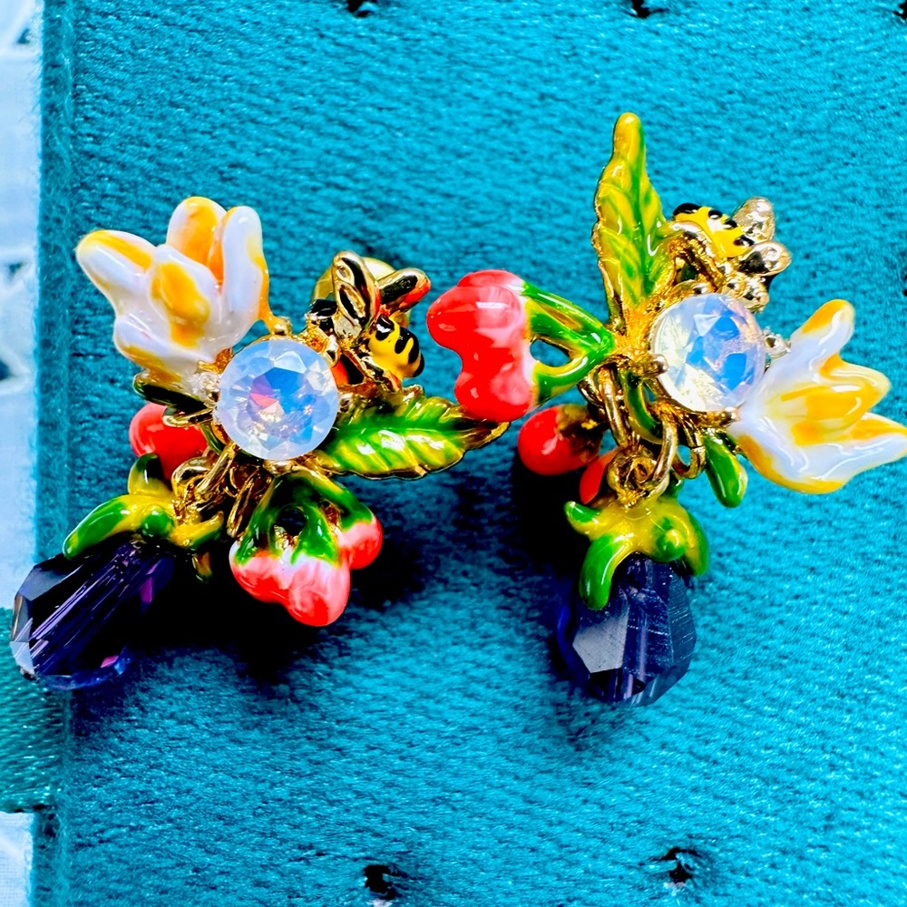 Enamel flowers with bees earrings